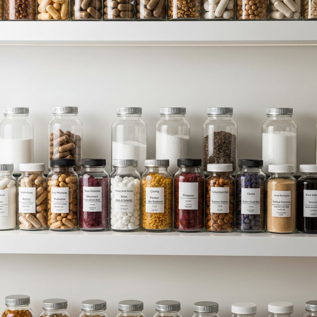 Organisiertes Regal mit Gläsern, Kapseln, Pulvern und Kräutern in Glaskontainern
