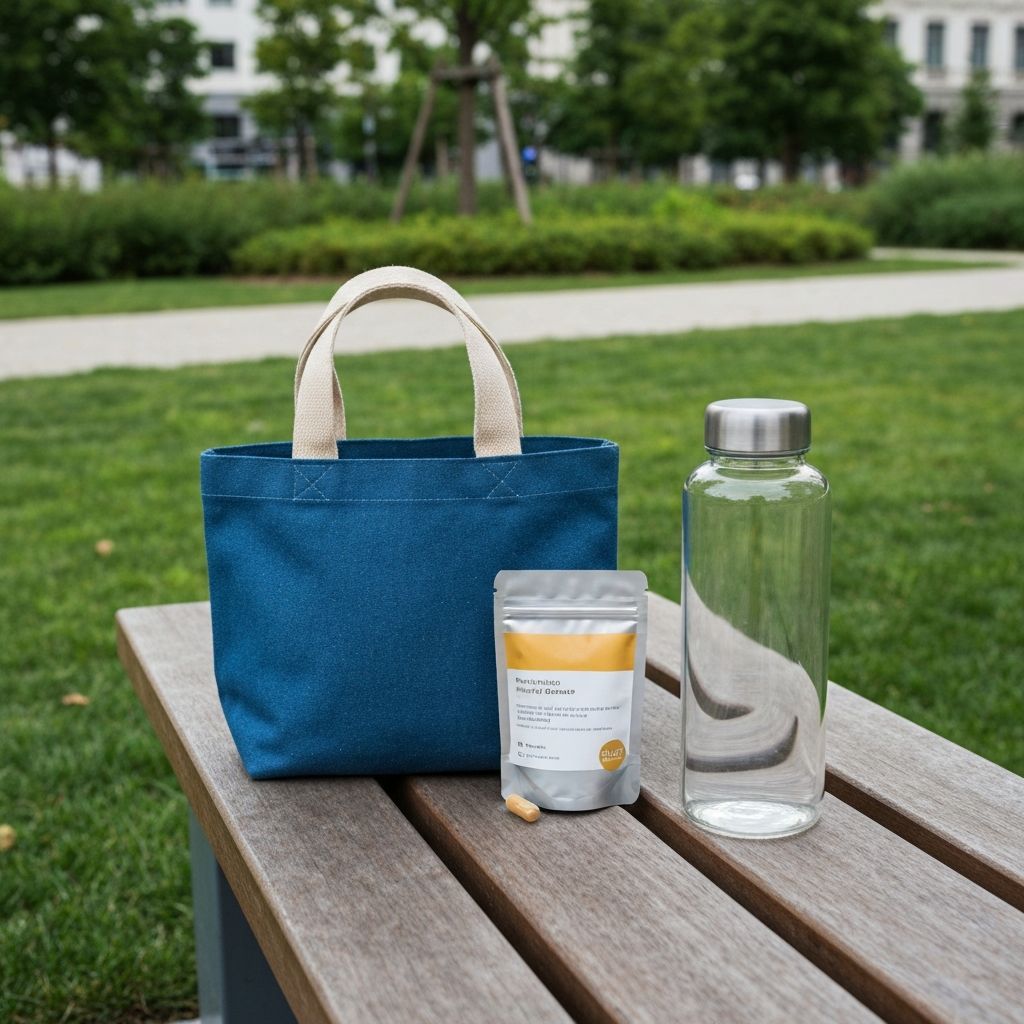 Rucksack mit Supplement-Beutel und Wasserflasche auf einer Café-Bank